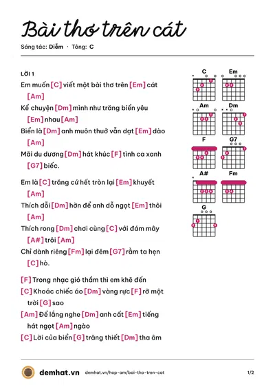 Hợp âm Bài thơ trên cát (Thảo Quyên) – bản nhạc PDF trang 1, tông C