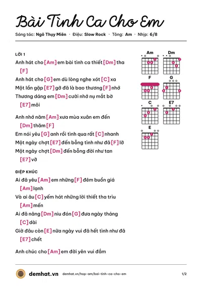 Hợp âm Bài Tình Ca Cho Em (Tuấn Ngọc) – bản nhạc PDF trang 1, tông Am
