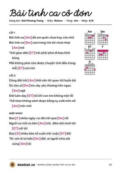 Hợp âm Bài tình ca cô đơn (Trường Vũ) – bản nhạc PDF trang 1, tông Am