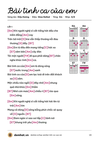 Hợp âm Bài tình ca của em (Don Hồ) – bản nhạc PDF trang 1, tông Em