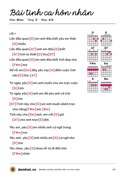 Hợp âm Bài tình ca hôn nhân (Quân Keyboard) – bản nhạc PDF trang 1, tông D