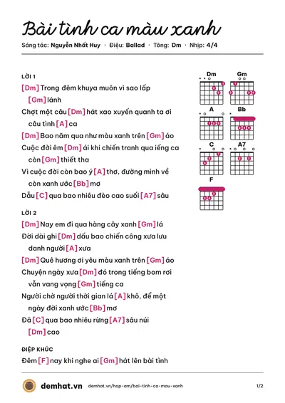 Hợp âm Bài tình ca màu xanh (Nguyễn Nhất Huy) – bản nhạc PDF trang 1, tông Dm