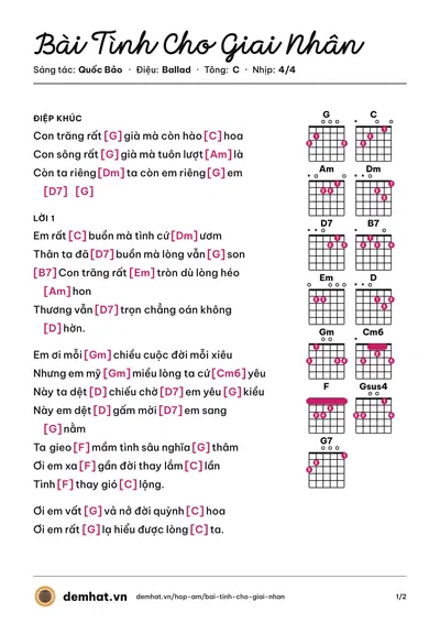Hợp âm Bài Tình Cho Giai Nhân (Quang Dũng) – bản nhạc PDF trang 1, tông C