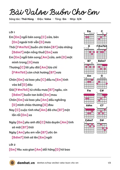 Hợp âm Bài Valse Buồn Cho Em (Thu Minh) – bản nhạc PDF trang 1, tông Em