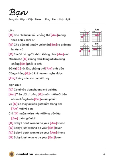 Hợp âm Bạn (Rhy) – bản nhạc PDF trang 1, tông Em