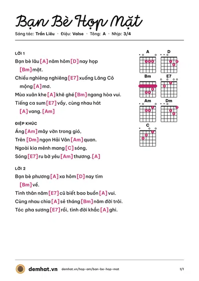 Hợp âm Bạn Bè Họp Mặt (guitar) – bản nhạc PDF trang 1, tông A