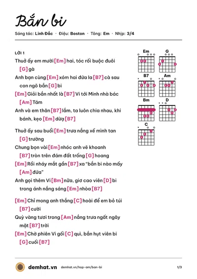 Hợp âm Bắn bi (Mê Linh) – bản nhạc PDF trang 1, tông Em