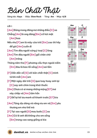 Hợp âm Bản Chất Thật (Keyo) – bản nhạc PDF trang 1, tông Am