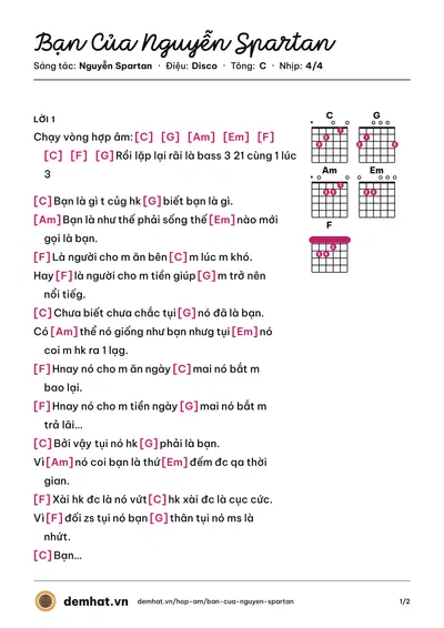 Hợp âm Bạn Của Nguyễn Spartan (Nguyễn Spartan) – bản nhạc PDF trang 1, tông C