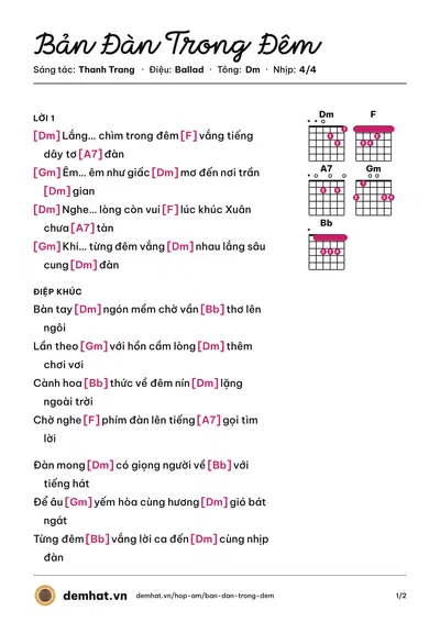Hợp âm Bản Đàn Trong Đêm (Vũ Trung Hiền) – bản nhạc PDF trang 1, tông Dm