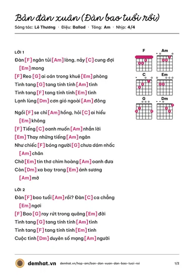 Hợp âm Bản đàn xuân (Đàn bao tuổi rồi) (Ngọc Quỳnh) – bản nhạc PDF trang 1, tông Am
