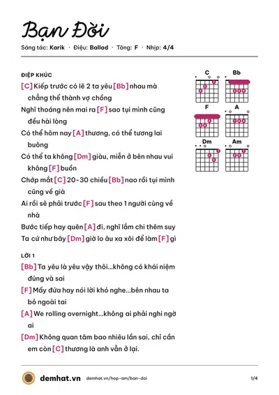 Hợp âm Bạn Đời (Karik) – bản nhạc PDF trang 1, tông F