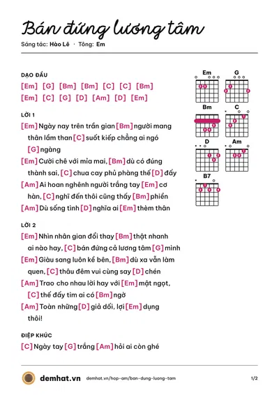 Hợp âm Bán đứng lương tâm (Diễm Phi) – bản nhạc PDF trang 1, tông Em