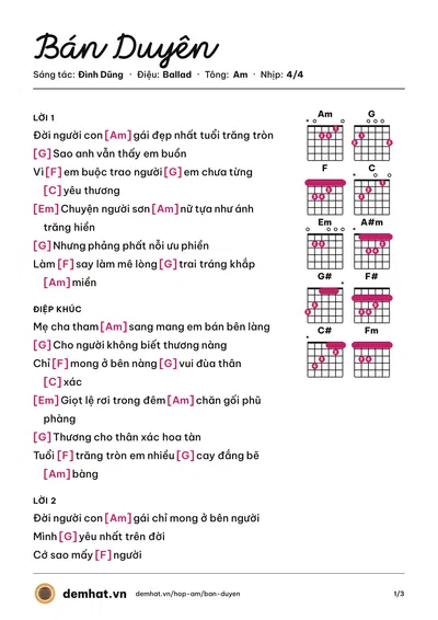 Hợp âm Bán Duyên (Đình Dũng) – bản nhạc PDF trang 1, tông Am