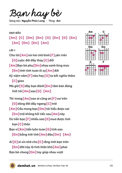 Hợp âm Bạn hay bè (Hùng Trọc) – bản nhạc PDF trang 1, tông Am