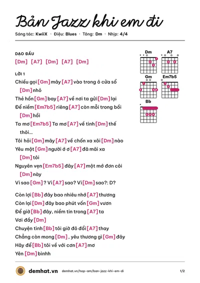 Hợp âm Bản Jazz khi em đi (PUM) – bản nhạc PDF trang 1, tông Dm