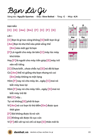 Hợp âm Bạn Là Gì (Nguyễn Spartan) – bản nhạc PDF trang 1, tông C
