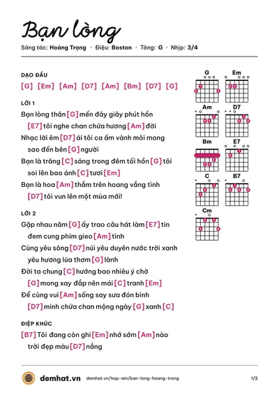 Hợp âm Bạn lòng (Hoàng Trọng) – bản nhạc PDF trang 1, tông G