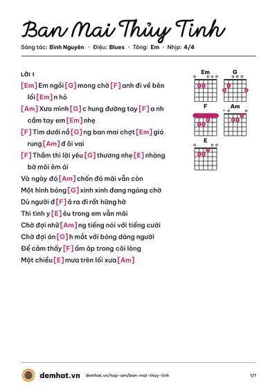 Hợp âm Ban Mai Thủy Tinh (Khánh Phương) – bản nhạc PDF trang 1, tông Em