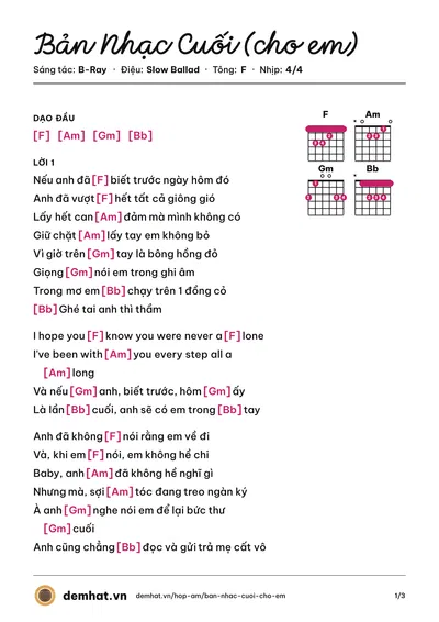 Hợp âm Bản Nhạc Cuối (cho em) (B-Ray) – bản nhạc PDF trang 1, tông F