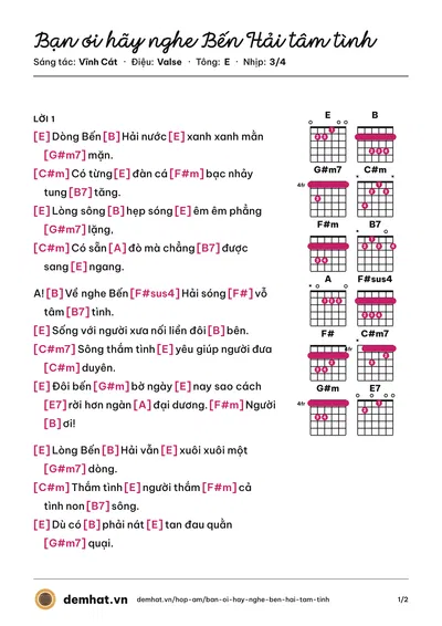 Hợp âm Bạn ơi hãy nghe Bến Hải tâm tình (Phạm Phương Thảo) – bản nhạc PDF trang 1, tông E