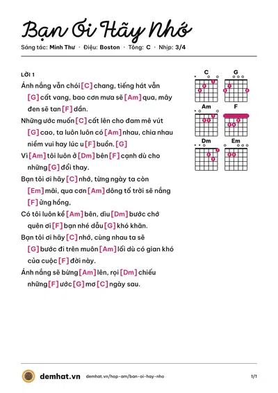 Hợp âm Bạn Ơi Hãy Nhớ (Minh Thư) – bản nhạc PDF trang 1, tông C