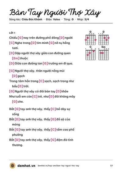 Hợp âm Bàn Tay Người Thợ Xây (Mạnh Hà) – bản nhạc PDF trang 1, tông G