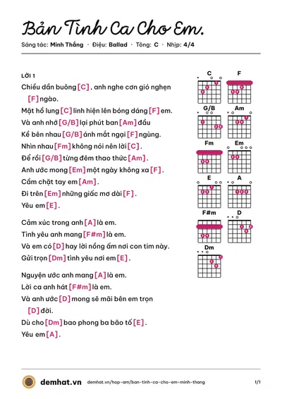 Hợp âm Bản Tình Ca Cho Em. (Hồng Dương) – bản nhạc PDF trang 1, tông C