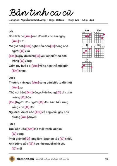 Hợp âm Bản tình ca cũ (Nguyễn Đình Chương) – bản nhạc PDF trang 1, tông Am