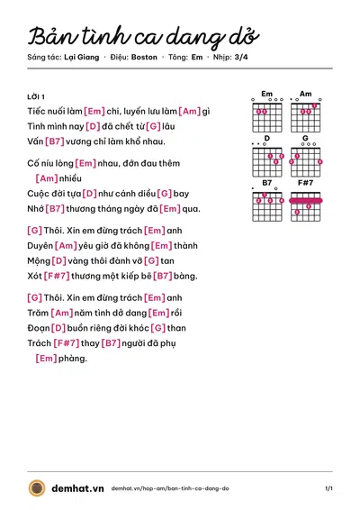 Hợp âm Bản tình ca dang dở (Nguyễn Xuân Lưu) – bản nhạc PDF trang 1, tông Em