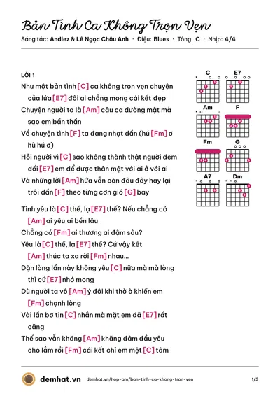 Hợp âm Bản Tình Ca Không Trọn Vẹn (Andiez) – bản nhạc PDF trang 1, tông C
