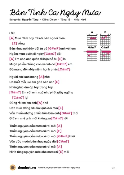 Hợp âm Bản Tình Ca Ngày Mưa (Dương Hoàng Yến) – bản nhạc PDF trang 1, tông E