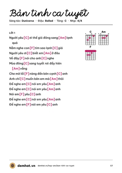 Hợp âm Bản tình ca tuyết (Duniverse) – bản nhạc PDF trang 1, tông C