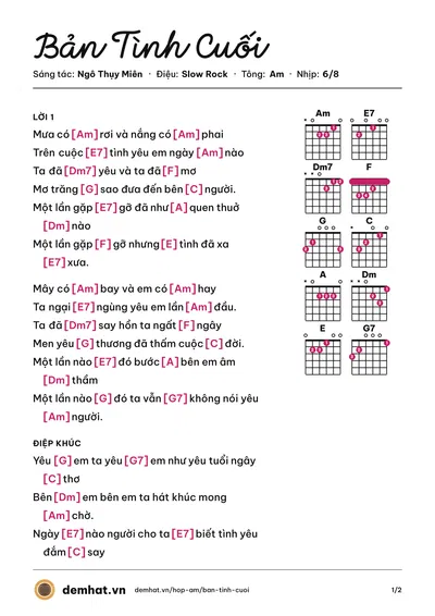 Hợp âm Bản Tình Cuối (Bằng Kiều) – bản nhạc PDF trang 1, tông Am