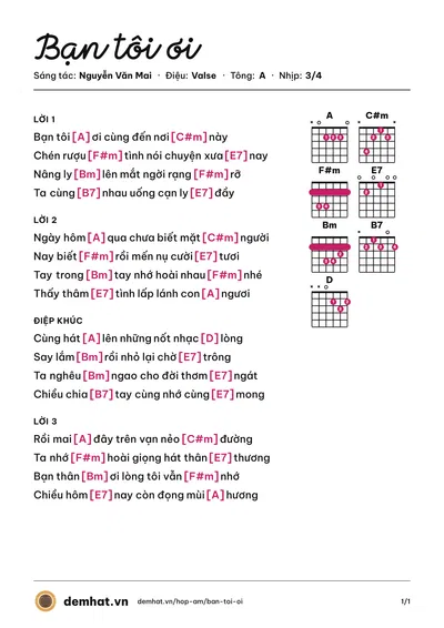 Hợp âm Bạn tôi ơi (Quỳnh Dao) – bản nhạc PDF trang 1, tông A