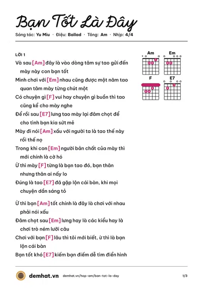 Hợp âm Bạn Tốt Là Đây (Yu Miu) – bản nhạc PDF trang 1, tông Am