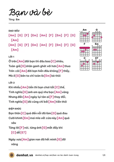 Hợp âm Bạn và bè (Danh Tuấn Trung) – bản nhạc PDF trang 1, tông Em