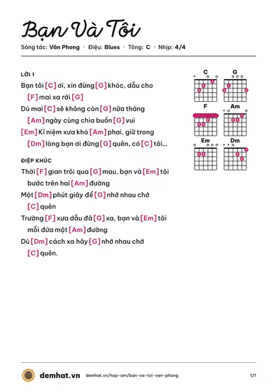 Hợp âm Bạn Và Tôi (ĐẶNG TRÀ MY) – bản nhạc PDF trang 1, tông C