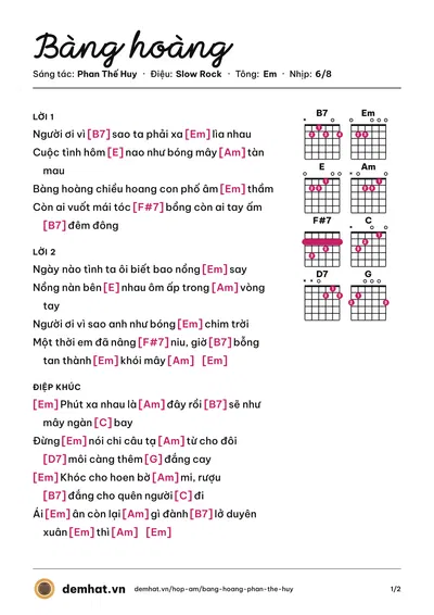 Hợp âm Bàng hoàng (Hương Giang) – bản nhạc PDF trang 1, tông Em