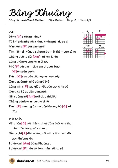 Hợp âm Bâng Khuâng (JustaTee) – bản nhạc PDF trang 1, tông C