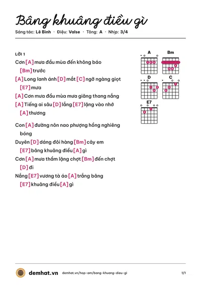 Hợp âm Bâng khuâng điều gì (Mộng Thi) – bản nhạc PDF trang 1, tông A