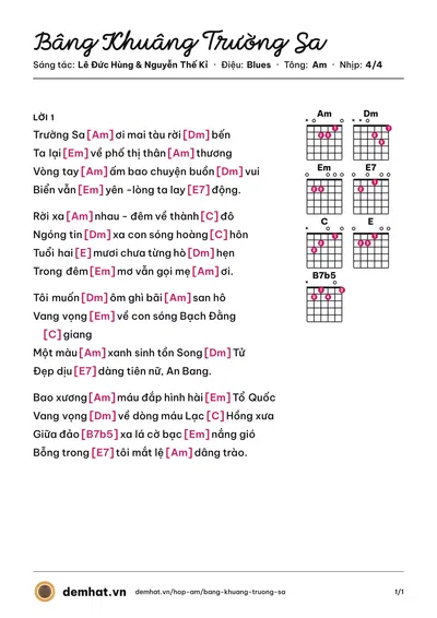 Hợp âm Bâng Khuâng Trường Sa (Y Jang Tuyn) – bản nhạc PDF trang 1, tông Am