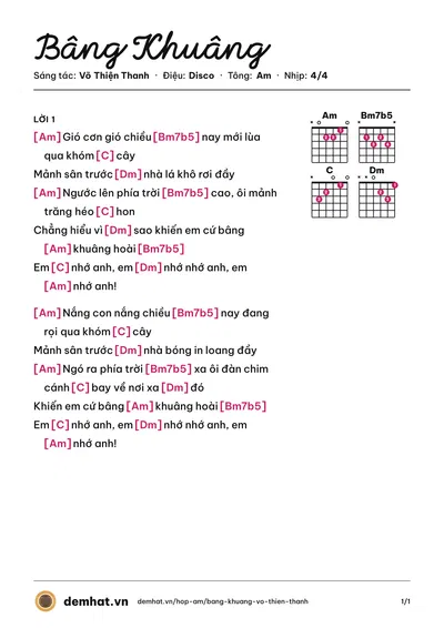 Hợp âm Bâng Khuâng (Đoan Trang) – bản nhạc PDF trang 1, tông Am