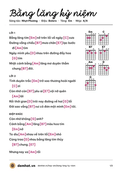 Hợp âm Bằng lăng kỷ niệm (Phương Anh) – bản nhạc PDF trang 1, tông Em