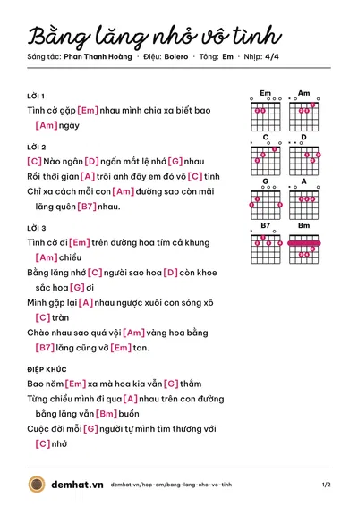 Hợp âm Bằng lăng nhỏ vô tình (Hồ Phương Liên) – bản nhạc PDF trang 1, tông Em