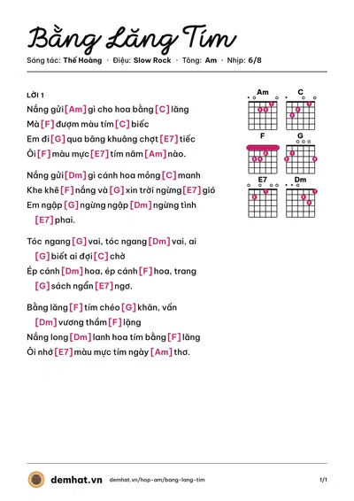 Hợp âm Bằng Lăng Tím (Mỹ Tâm) – bản nhạc PDF trang 1, tông Am