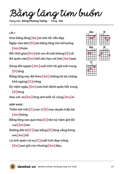 Hợp âm Bằng lăng tím buồn (Nguyễn Đông) – bản nhạc PDF trang 1, tông Am