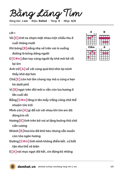 Hợp âm Bằng Lăng Tím (J.em) – bản nhạc PDF trang 1, tông E