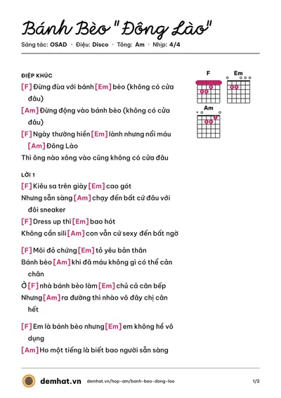 Hợp âm Bánh Bèo "Đông Lào" (OSAD) – bản nhạc PDF trang 1, tông Am