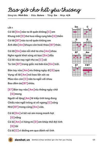 Hợp âm Bao giờ cho hết yêu thương (Hoàng Nam) – bản nhạc PDF trang 1, tông Em